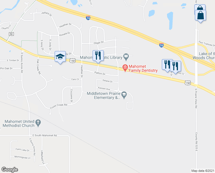 map of restaurants, bars, coffee shops, grocery stores, and more near 1616 Kassen Avenue in Mahomet