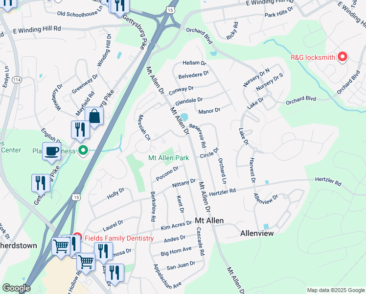 map of restaurants, bars, coffee shops, grocery stores, and more near 307 Cascade Road in Mechanicsburg