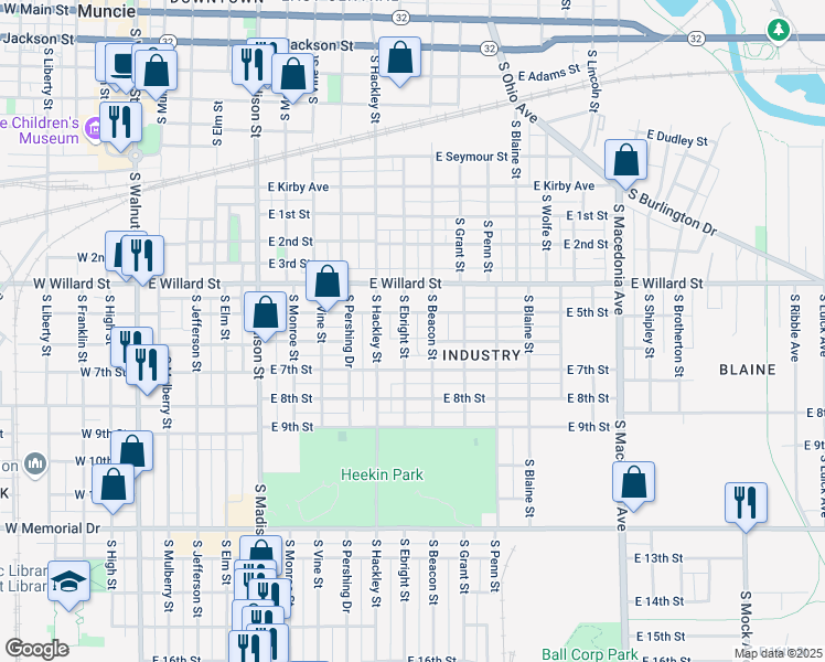 map of restaurants, bars, coffee shops, grocery stores, and more near 1311 South Beacon Street in Muncie