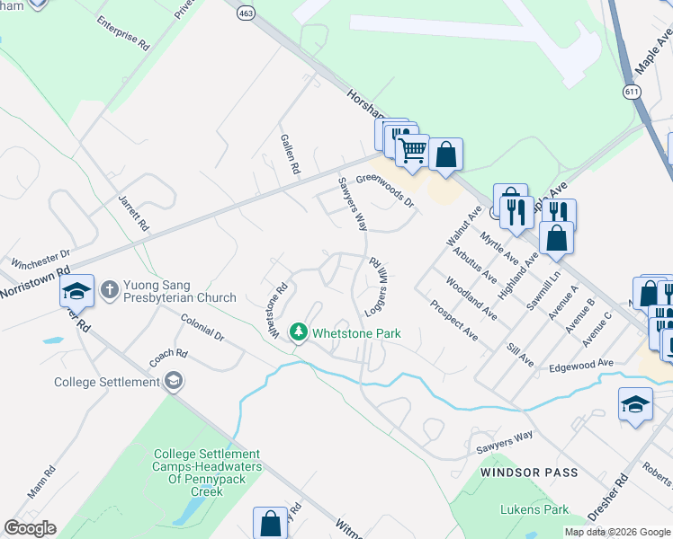 map of restaurants, bars, coffee shops, grocery stores, and more near 36 Hickory Drive in Horsham