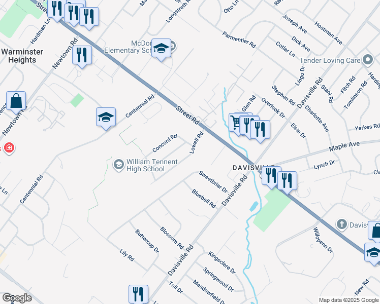 map of restaurants, bars, coffee shops, grocery stores, and more near 560 Lowell Road in Warminster