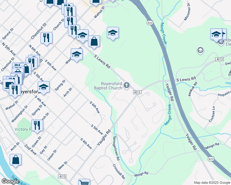 map of restaurants, bars, coffee shops, grocery stores, and more near 12 Schoolside Court in Royersford