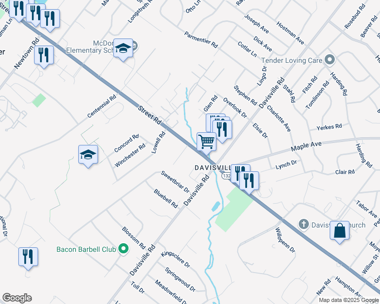map of restaurants, bars, coffee shops, grocery stores, and more near 756 Street Road in Warminster