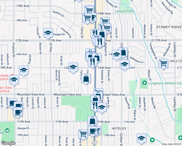 map of restaurants, bars, coffee shops, grocery stores, and more near 1406 Coffman Street in Longmont