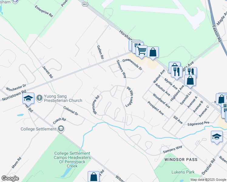 map of restaurants, bars, coffee shops, grocery stores, and more near 45 Ember Lane in Horsham