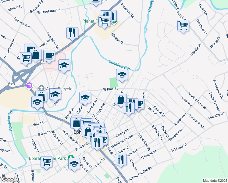 map of restaurants, bars, coffee shops, grocery stores, and more near 228 Church Avenue in Ephrata
