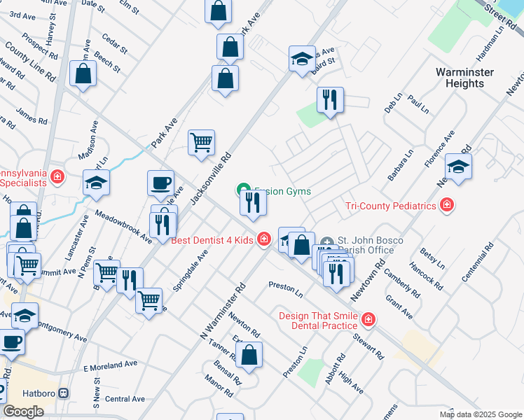 map of restaurants, bars, coffee shops, grocery stores, and more near 125 East County Line Road in Hatboro