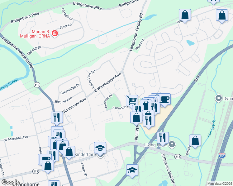 map of restaurants, bars, coffee shops, grocery stores, and more near 66 Coventry Lane in Langhorne