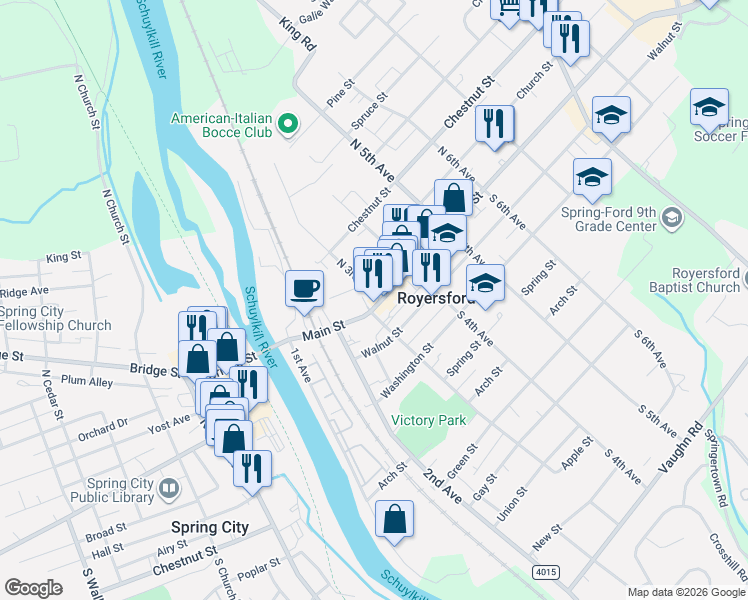 map of restaurants, bars, coffee shops, grocery stores, and more near 301 Walnut Street in Royersford