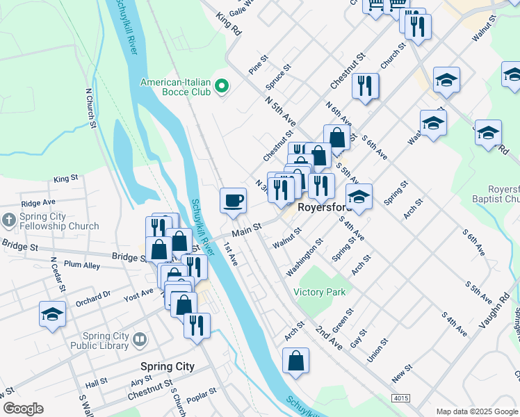 map of restaurants, bars, coffee shops, grocery stores, and more near 214 Summer Street Road in Royersford