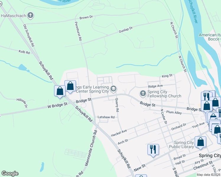 map of restaurants, bars, coffee shops, grocery stores, and more near 1 George Washington Way in Spring City