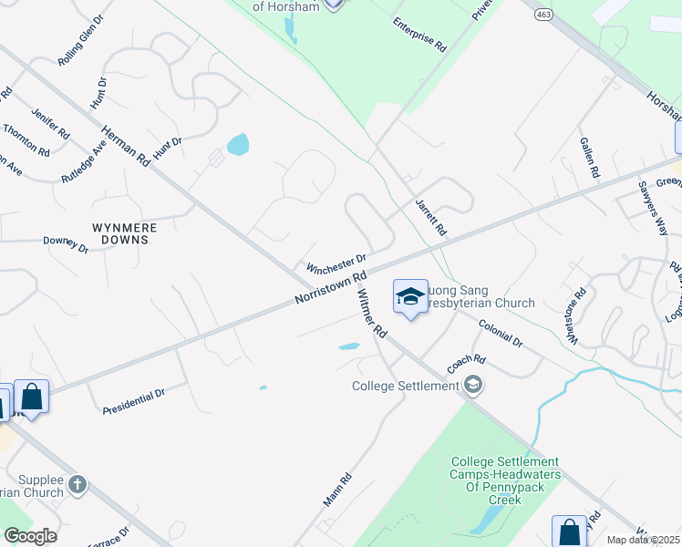 map of restaurants, bars, coffee shops, grocery stores, and more near 213 Winchester Drive in Horsham
