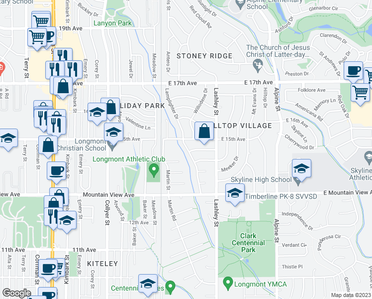 map of restaurants, bars, coffee shops, grocery stores, and more near 1453 Lamplighter Drive in Longmont