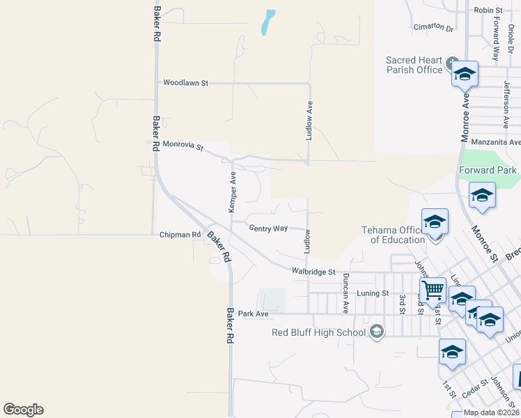 map of restaurants, bars, coffee shops, grocery stores, and more near 2150 Gentry Way in Red Bluff