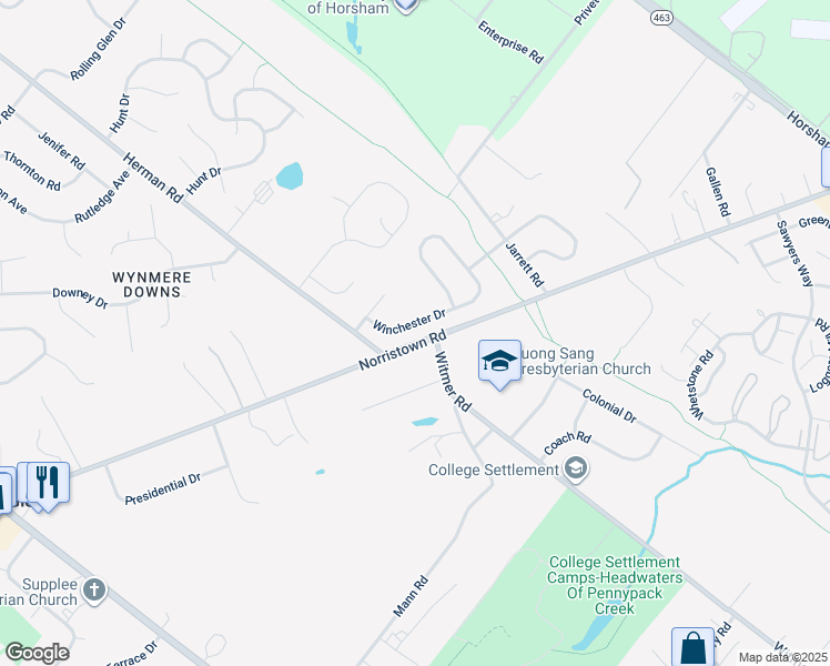 map of restaurants, bars, coffee shops, grocery stores, and more near 213 Winchester Drive in Horsham