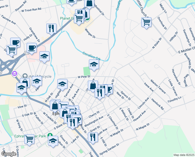 map of restaurants, bars, coffee shops, grocery stores, and more near 287 Church Avenue in Ephrata
