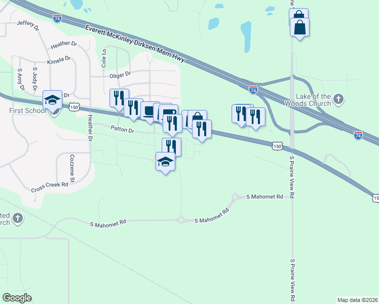 map of restaurants, bars, coffee shops, grocery stores, and more near 1134 Vision Circle in Mahomet