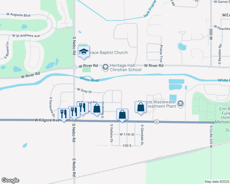 map of restaurants, bars, coffee shops, grocery stores, and more near 1017 S Italiano Dr in Muncie