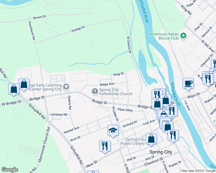 map of restaurants, bars, coffee shops, grocery stores, and more near 404 Ridge Avenue in Spring City