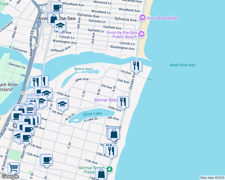 map of restaurants, bars, coffee shops, grocery stores, and more near 201 3rd Avenue in Belmar