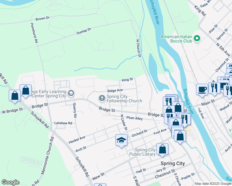 map of restaurants, bars, coffee shops, grocery stores, and more near 404 Ridge Avenue in Spring City