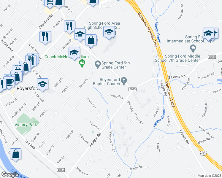 map of restaurants, bars, coffee shops, grocery stores, and more near 12 Schoolside Court in Royersford