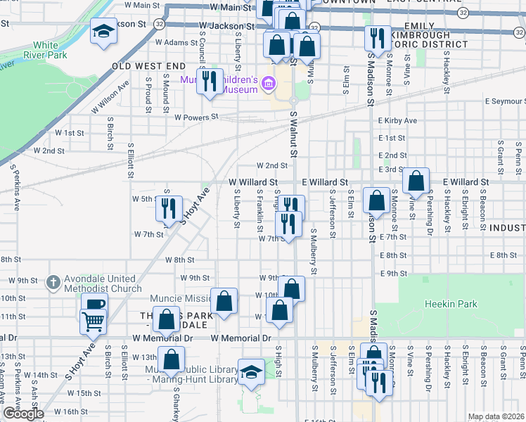 map of restaurants, bars, coffee shops, grocery stores, and more near 310 West 6th Street in Muncie