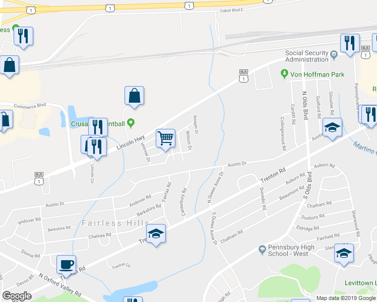 map of restaurants, bars, coffee shops, grocery stores, and more near 301 Wilson Drive in Fairless Hills