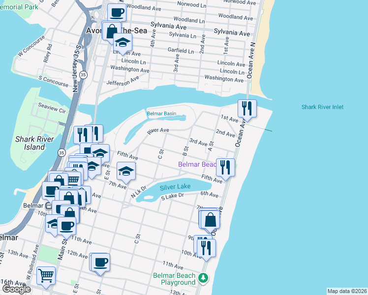 map of restaurants, bars, coffee shops, grocery stores, and more near 301 4th Avenue in Belmar