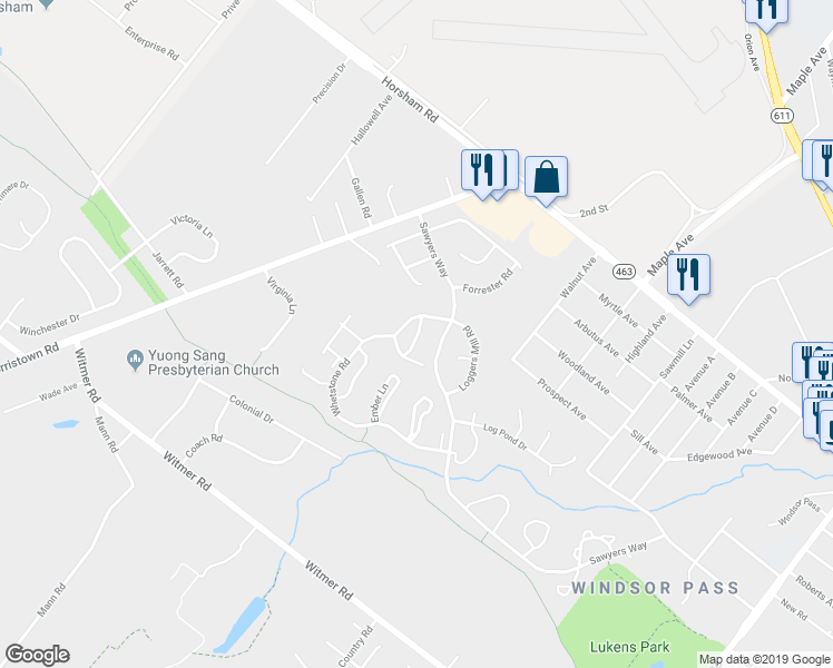 map of restaurants, bars, coffee shops, grocery stores, and more near 16 Hickory Drive in Horsham