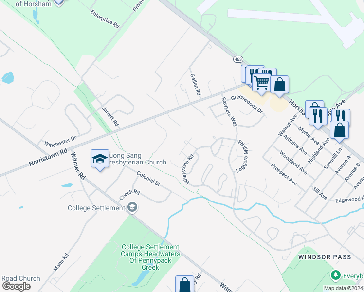 map of restaurants, bars, coffee shops, grocery stores, and more near 57 Woodbine Court in Horsham
