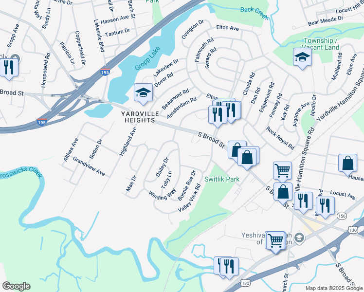 map of restaurants, bars, coffee shops, grocery stores, and more near 115 Winding Way in Hamilton Township