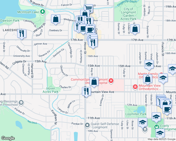 map of restaurants, bars, coffee shops, grocery stores, and more near 1446 Hover Street in Longmont