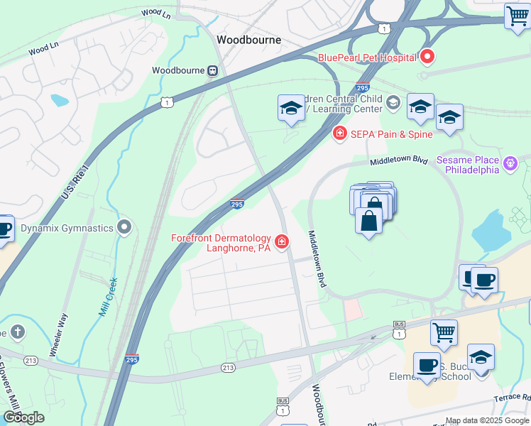 map of restaurants, bars, coffee shops, grocery stores, and more near 489 Woodbourne Road in Langhorne