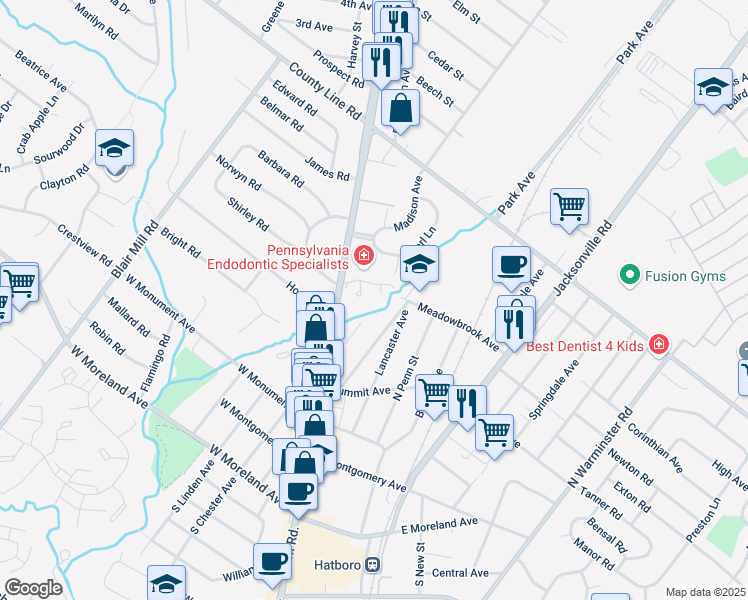 map of restaurants, bars, coffee shops, grocery stores, and more near 26 Kings Court in Hatboro