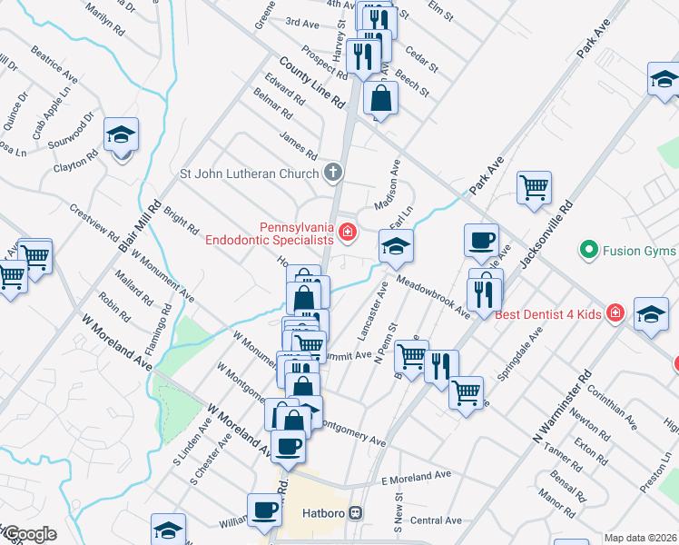 map of restaurants, bars, coffee shops, grocery stores, and more near 26 Kings Court in Hatboro