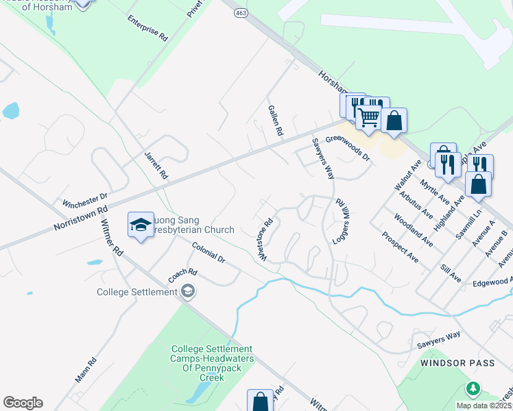 map of restaurants, bars, coffee shops, grocery stores, and more near 57 Woodbine Court in Horsham