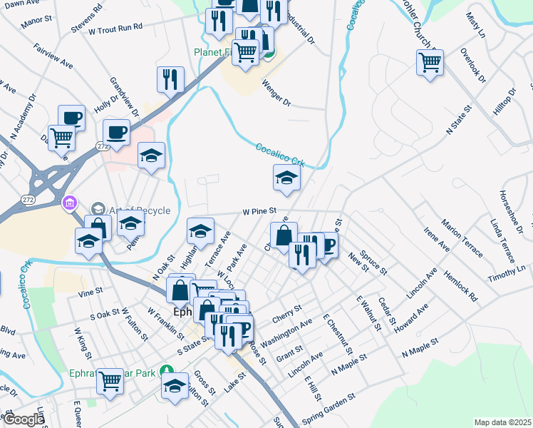 map of restaurants, bars, coffee shops, grocery stores, and more near 301 West Pine Street in Ephrata