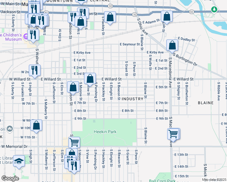 map of restaurants, bars, coffee shops, grocery stores, and more near 1018 East 5th Street in Muncie