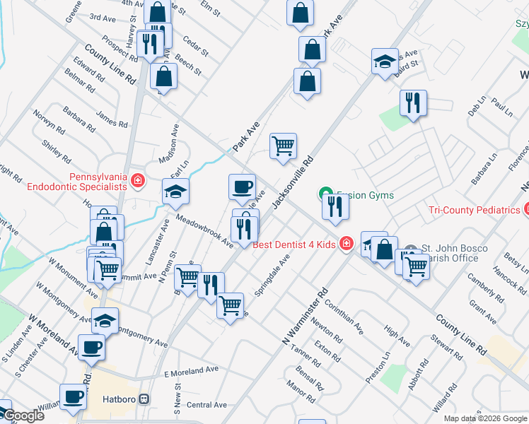 map of restaurants, bars, coffee shops, grocery stores, and more near 469b Oakdale Avenue in Hatboro