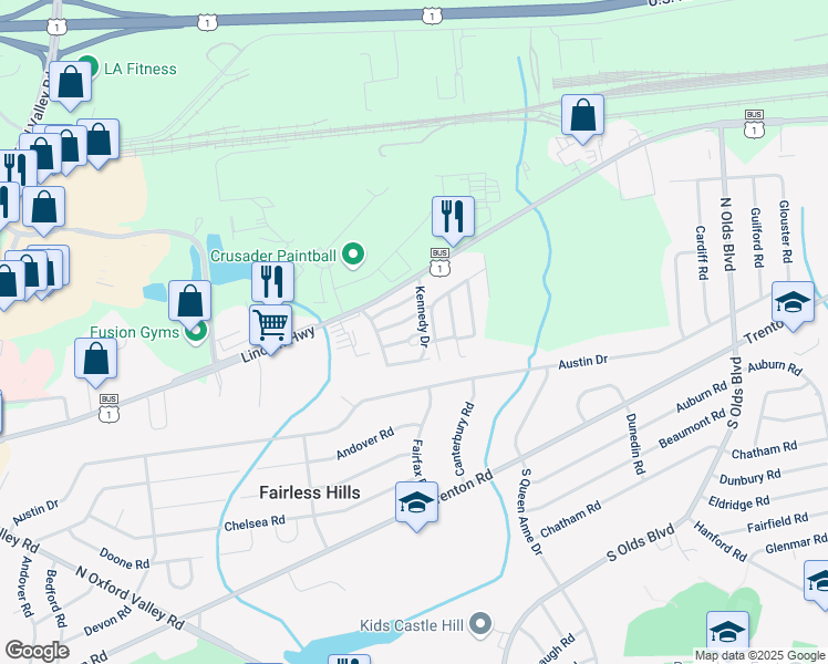 map of restaurants, bars, coffee shops, grocery stores, and more near 155 Harding Drive in Fairless Hills