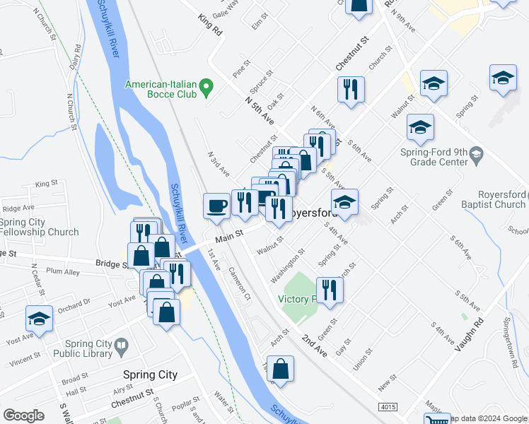map of restaurants, bars, coffee shops, grocery stores, and more near 265 Main Street in Royersford