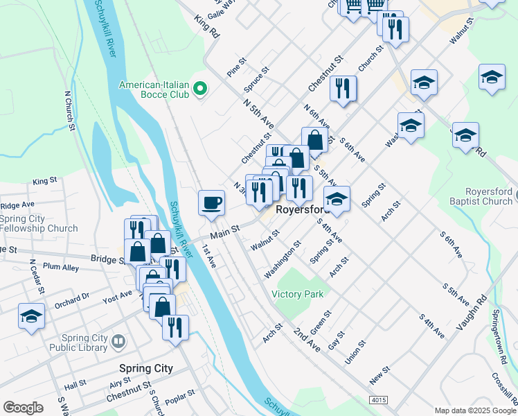 map of restaurants, bars, coffee shops, grocery stores, and more near 327 Main Street in Royersford