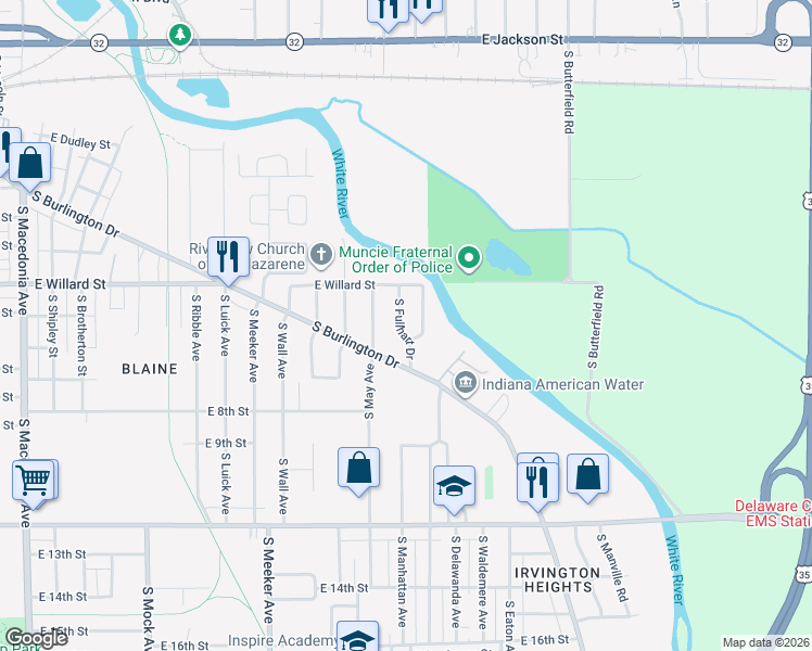 map of restaurants, bars, coffee shops, grocery stores, and more near 1208 South Fullhart Drive in Muncie