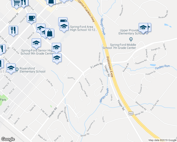 map of restaurants, bars, coffee shops, grocery stores, and more near 103 Orchard Court in Royersford