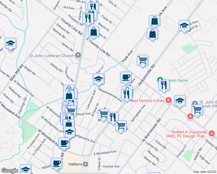 map of restaurants, bars, coffee shops, grocery stores, and more near 101 Meadowbrook Avenue in Hatboro