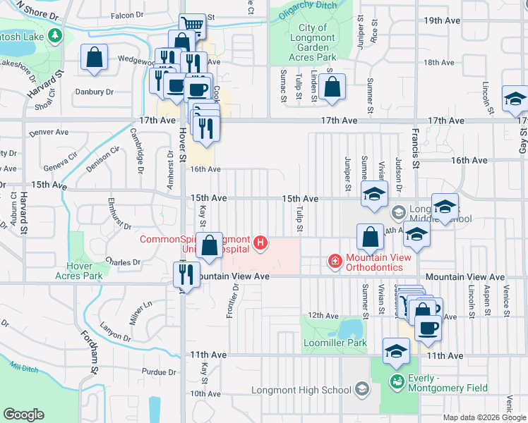 map of restaurants, bars, coffee shops, grocery stores, and more near 1503 Spencer Street in Longmont