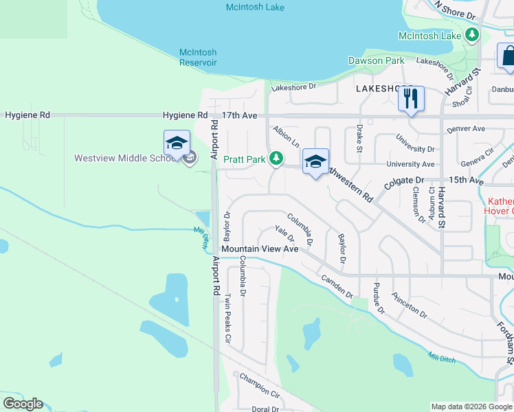 map of restaurants, bars, coffee shops, grocery stores, and more near 116 Baylor Drive in Longmont