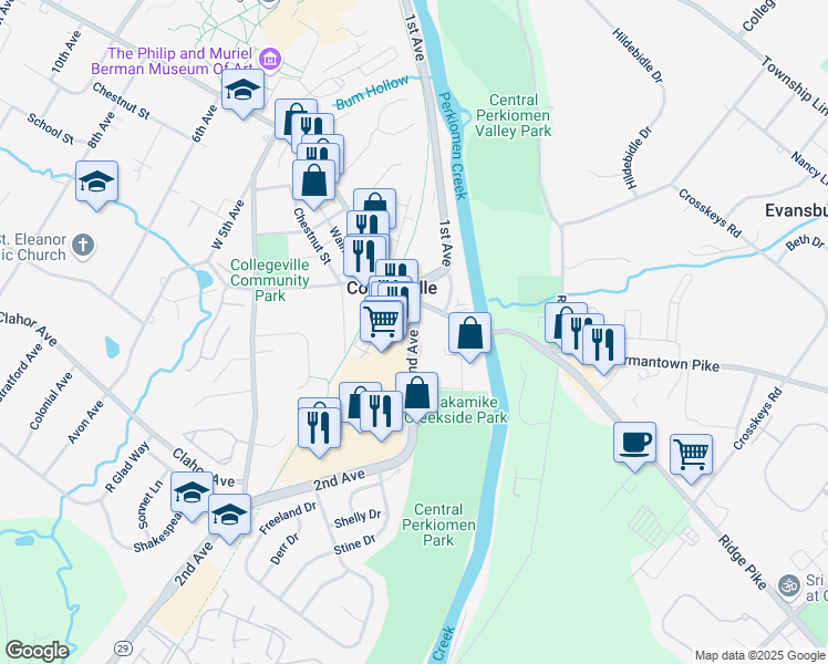 map of restaurants, bars, coffee shops, grocery stores, and more near Town Center Drive in Collegeville