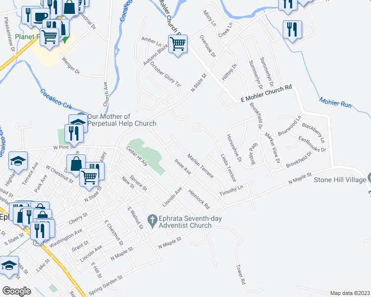 map of restaurants, bars, coffee shops, grocery stores, and more near 114 Marion Terrace in Ephrata